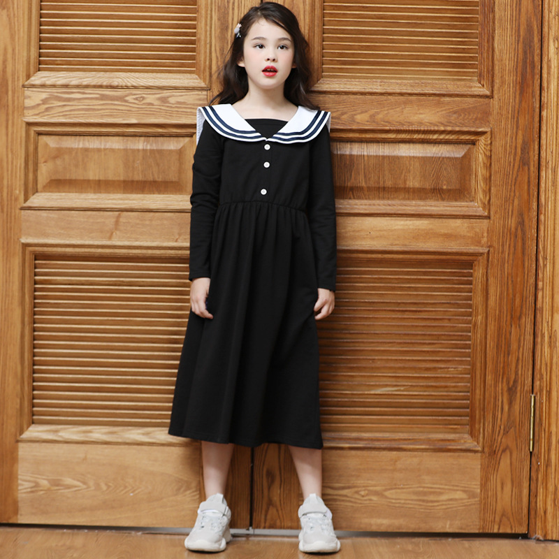 19秋季新款海军裙黑色长袖大翻领休闲百搭收腰中大女童连衣裙6803