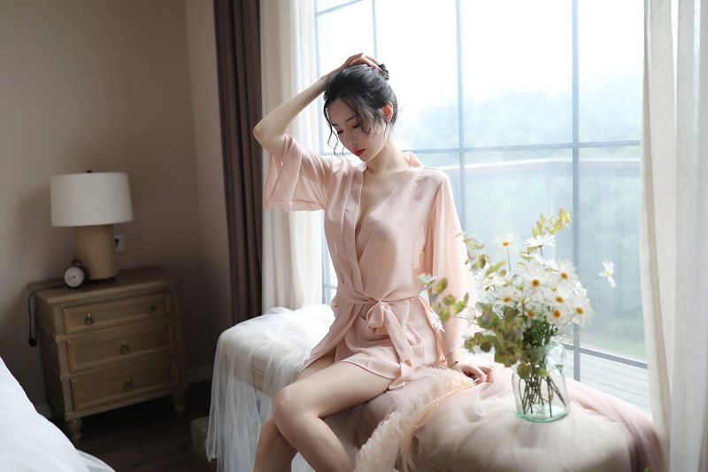 爱如如情趣内衣新品性感诱惑女装透明雪纺睡袍三点式浴袍套装外贸