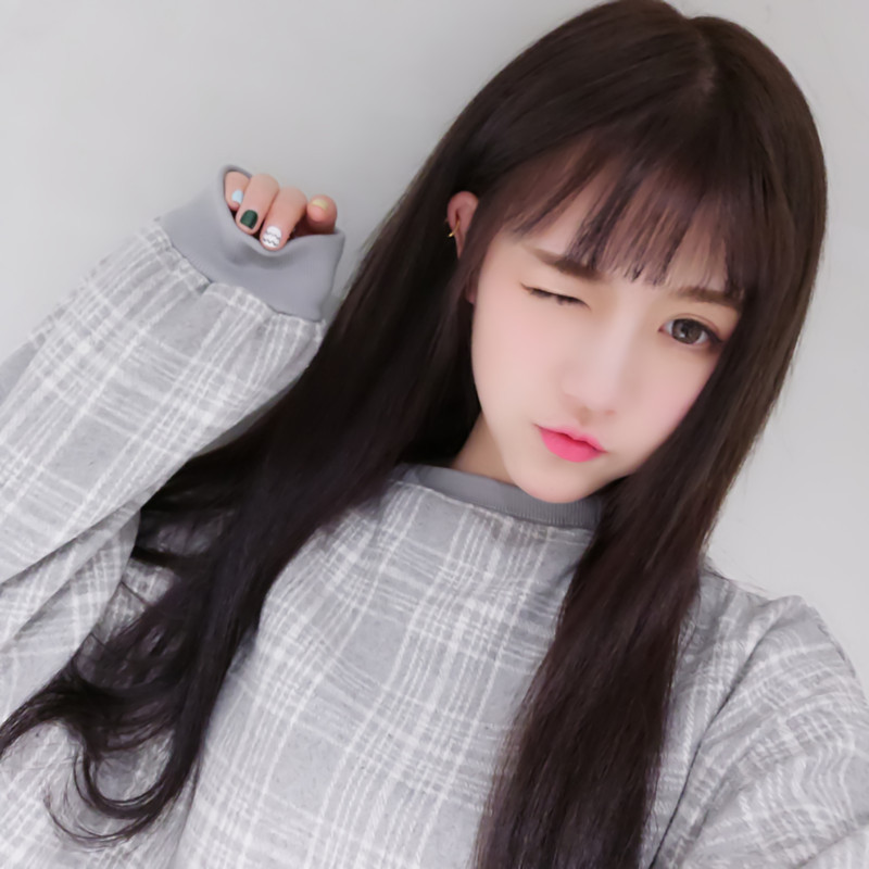 厂家批发假发女空气齐刘海黑色长直发高温哑光丝仿真头套批发代理