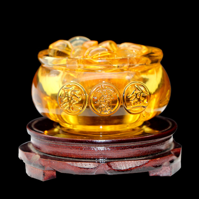 开光聚宝盆摆件米黄玉水晶元宝 招财玉石办公室客厅家居风水饰品
