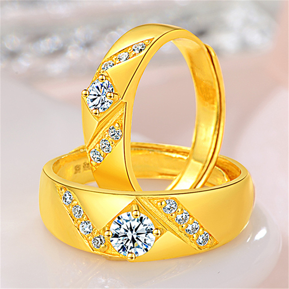 韩版镶钻黄金情侣戒指一对 男女款镀24金对戒k金结婚珠宝首饰新款