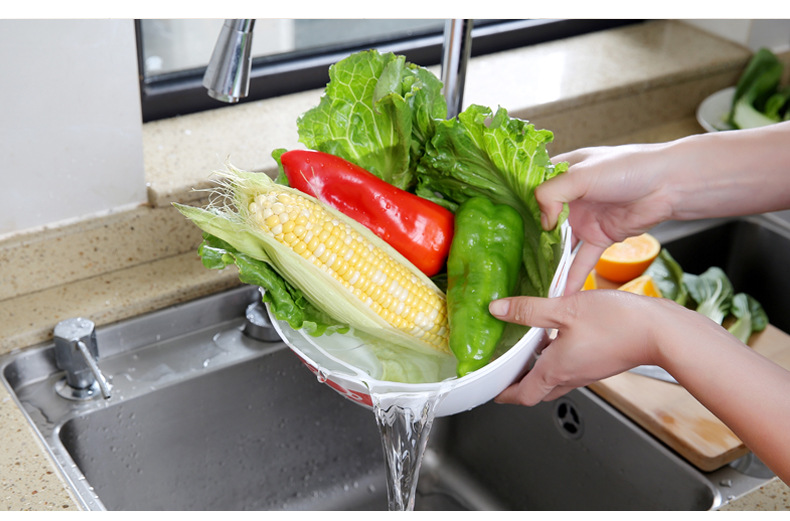 可爱卡通厨房双层洗菜盆沥水篮多功能淘米器洗米筛洗水果盘蔬菜篮-阿