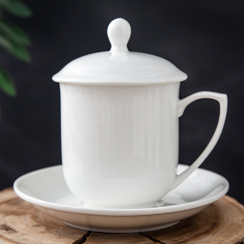 酒店宾馆客房纯白陶瓷茶杯带盖瓷杯子办公会议用水杯定做logo批发