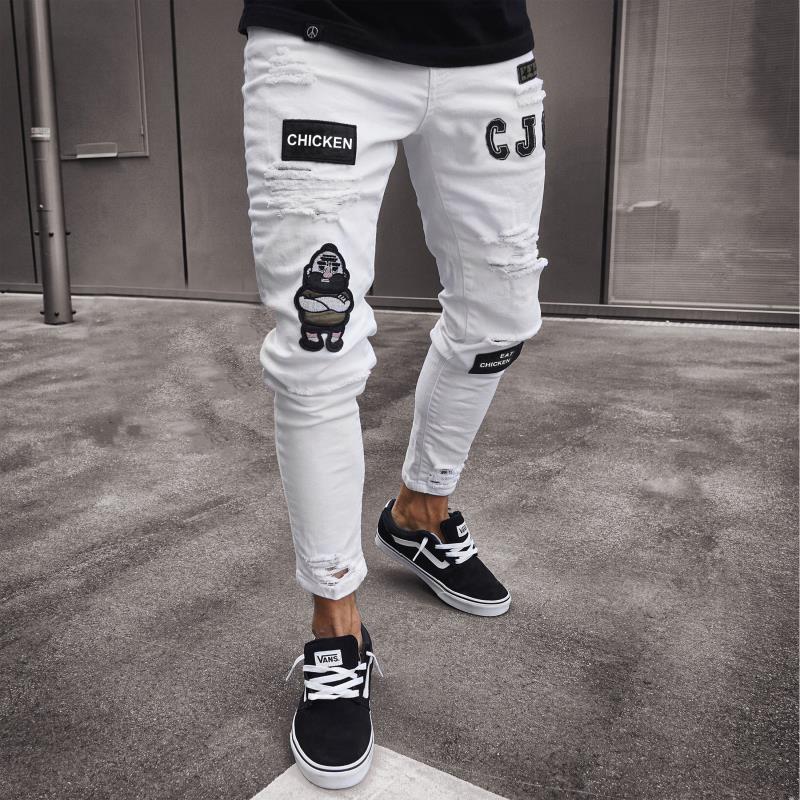 Men's Skinny Jeans Embroidered Ripped Small Leg Pants