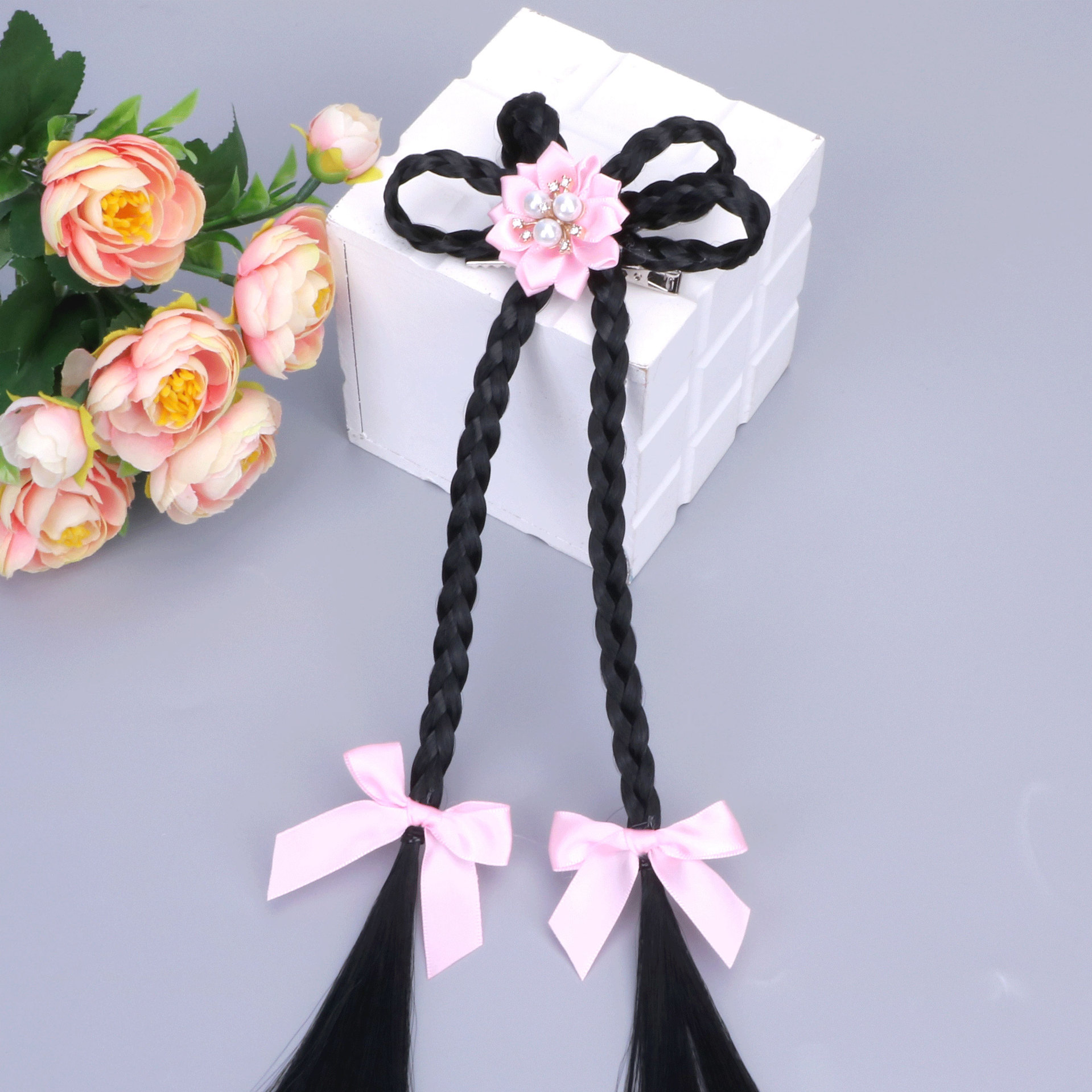 儿童古风假发麻花长辫子手工编织蝴蝶结公主水晶顶夹发饰马尾夹