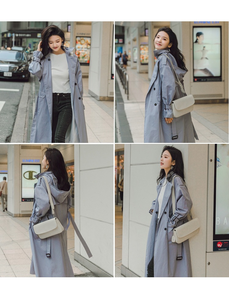 实拍chic若楠轻熟风女装灰蓝色西装领双排扣可脱卸连帽风衣外套ol