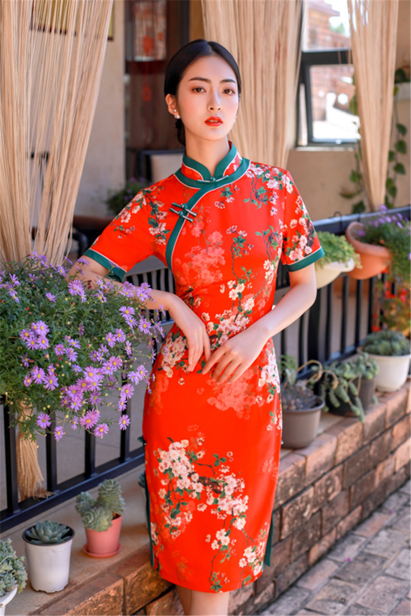 sky 21067 宽边红梅 中长大码款旗袍