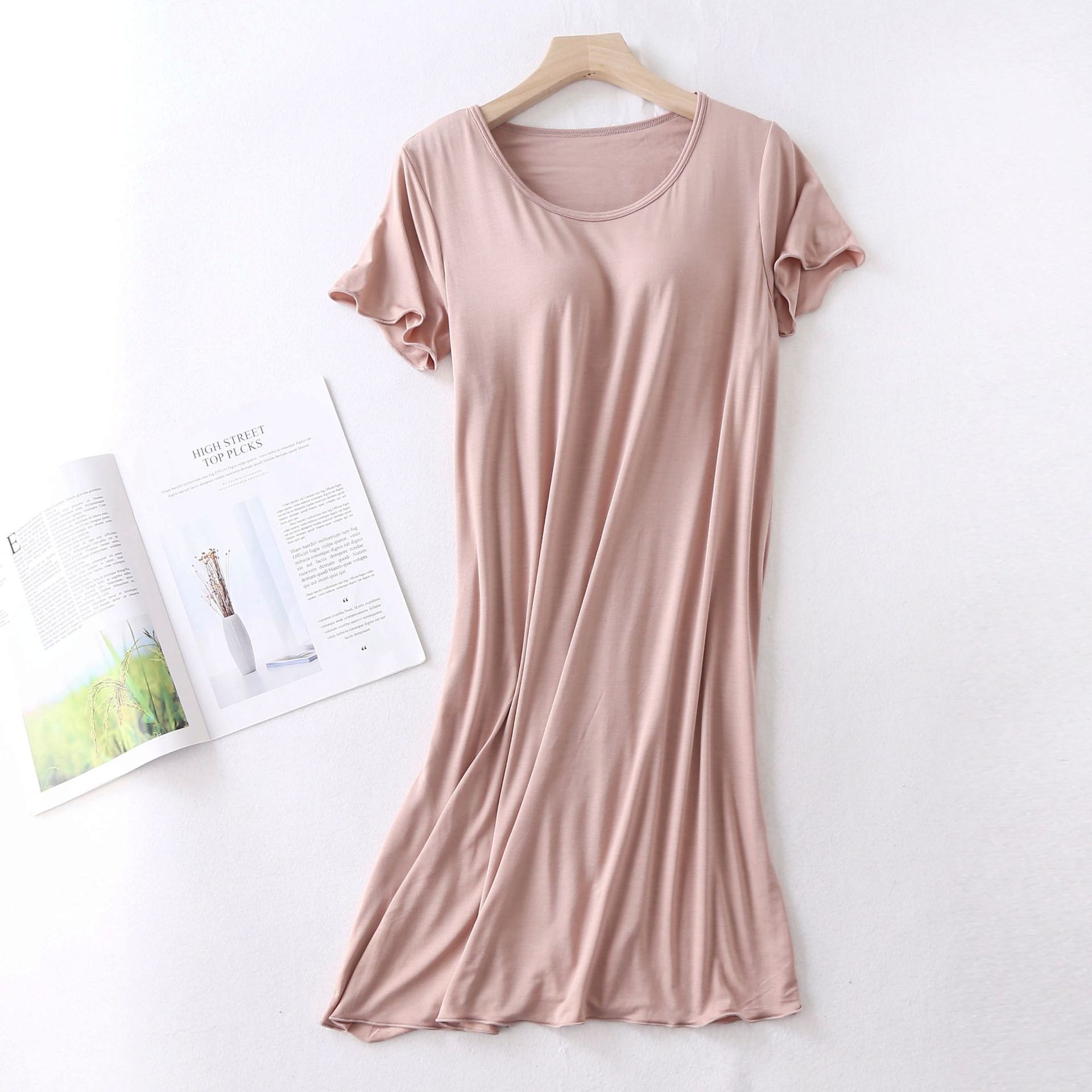 Modal Short-Sleeved Nightdress with Chest Pad Pajamas Thin Bra-Free Large Size Ruffled Dress Women's Summer Homewear