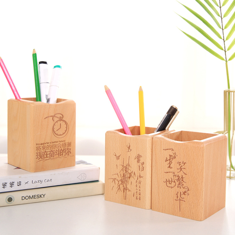 Stationery Creative Desktop Learning Stationery Storage Pen Holder Wooden Square Desk Storage Box Wooden Organizing Box