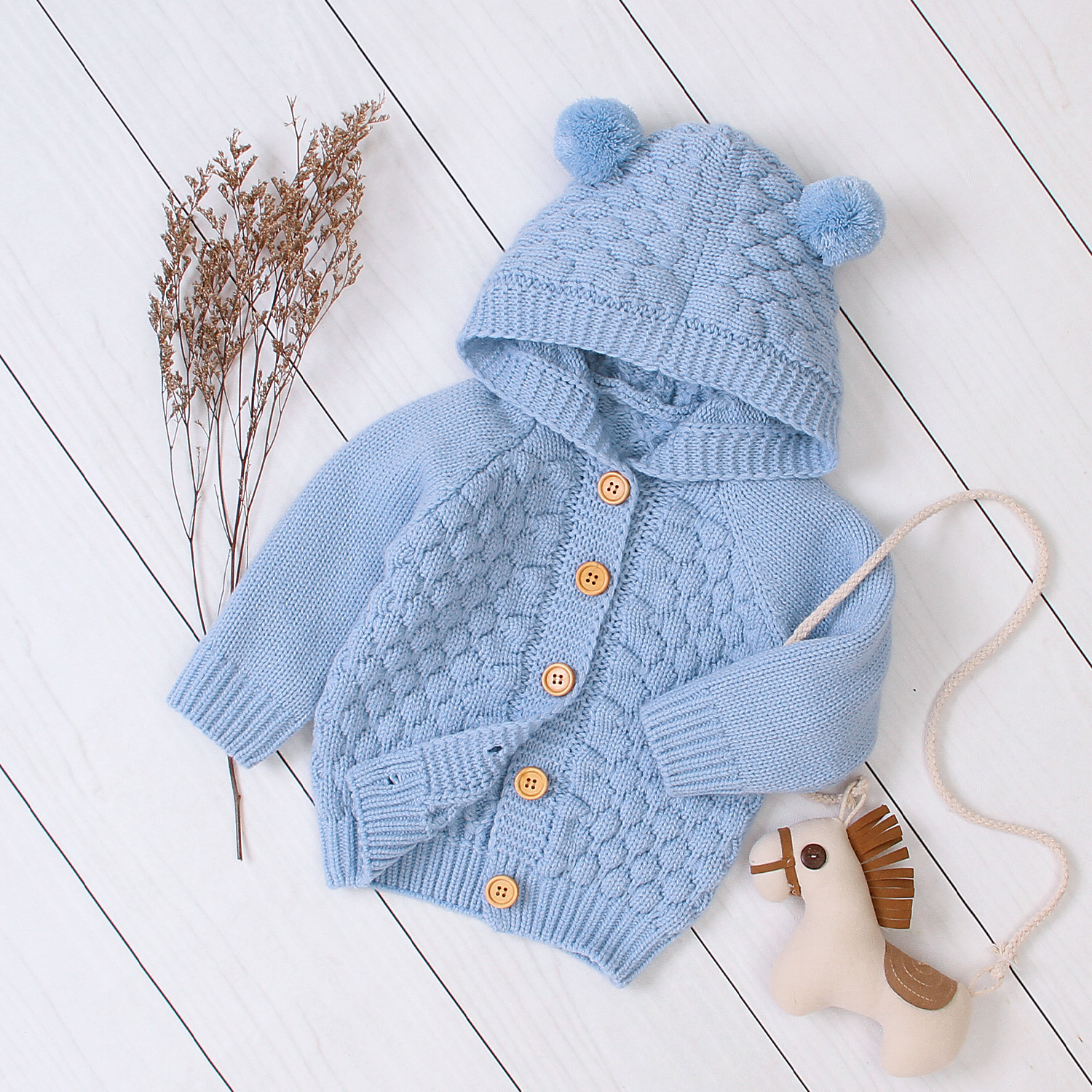 跨境货源儿童纯色毛衣立体毛球连帽针织外套男女童针织亚马逊爆款