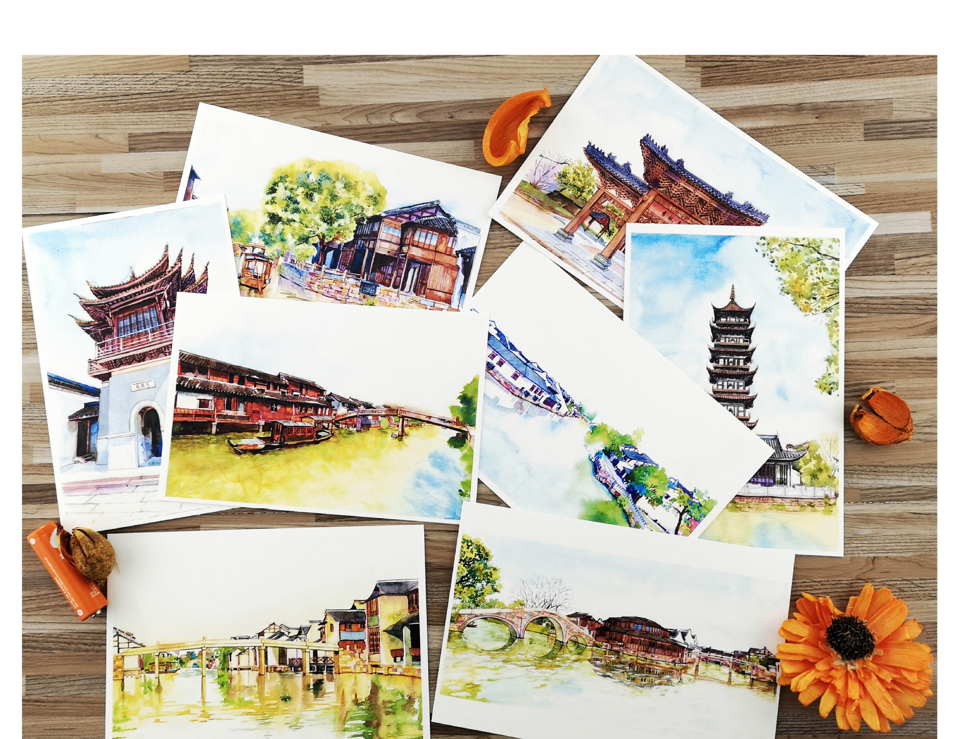 乌镇手绘摄影明信片水彩书签旅游纪念品出差城市风景青青子衿文创
