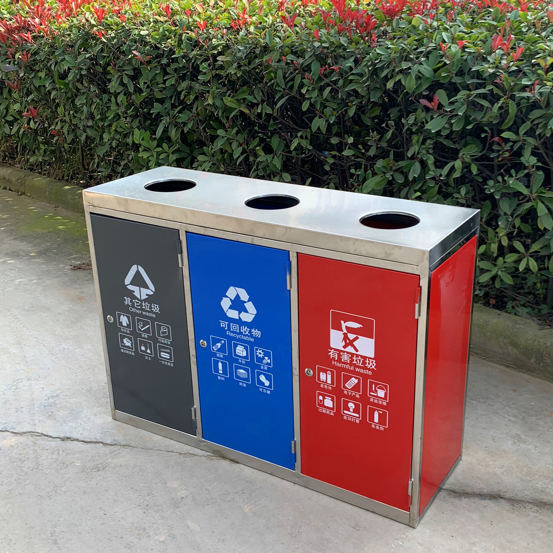 分类垃圾桶厂家直销现货供应上海户外三分类不锈钢小区环卫垃圾桶