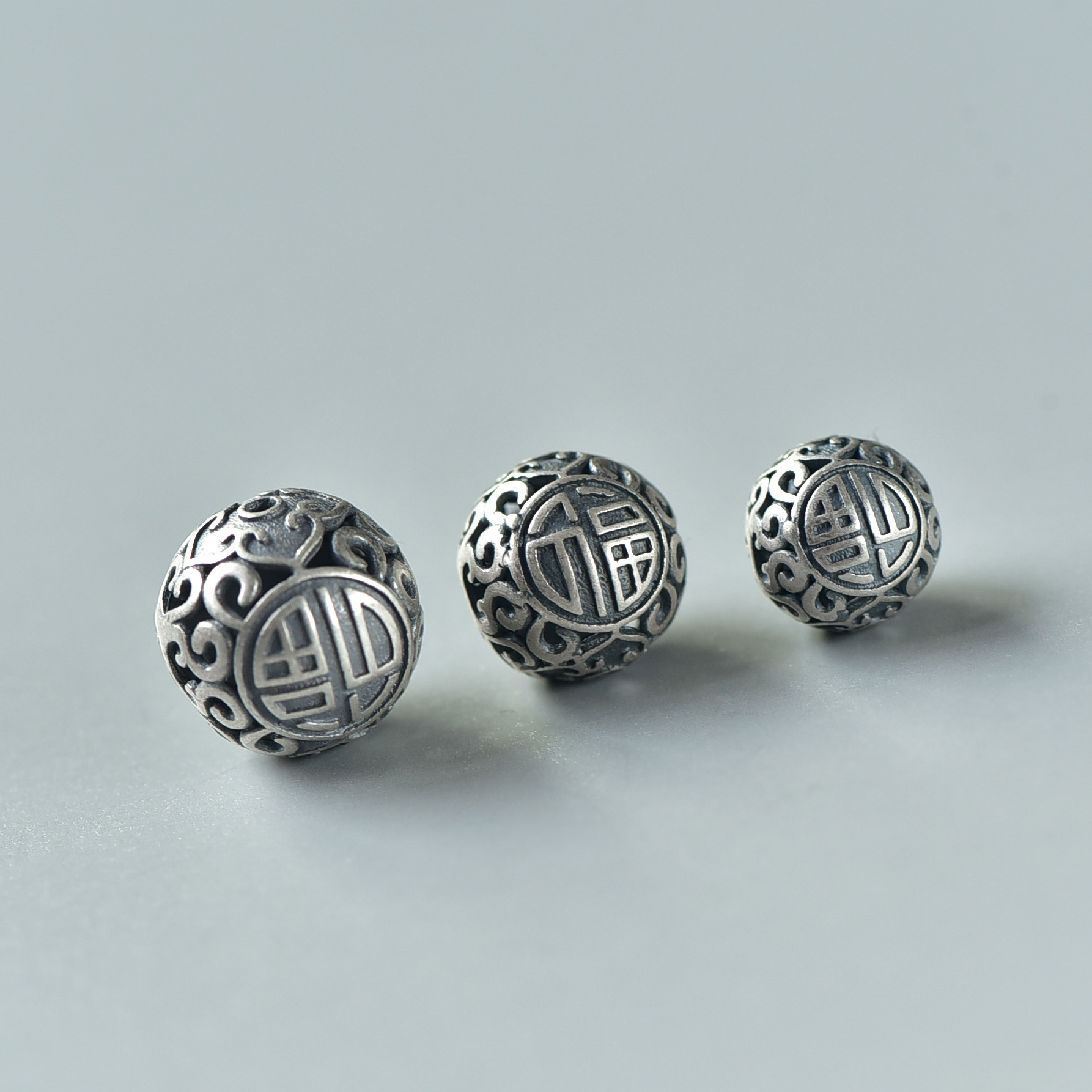 s925银精工磨砂复古隔珠球 大球镂空球 手工diy 手串配件