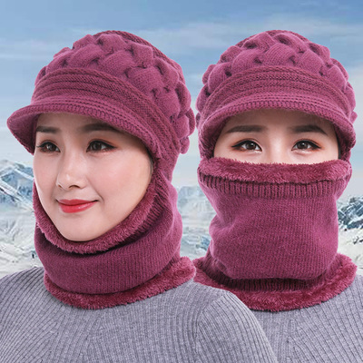 帽子女冬季中老年人防寒保暖毛线帽加绒加厚围脖一体妈妈帽针织帽