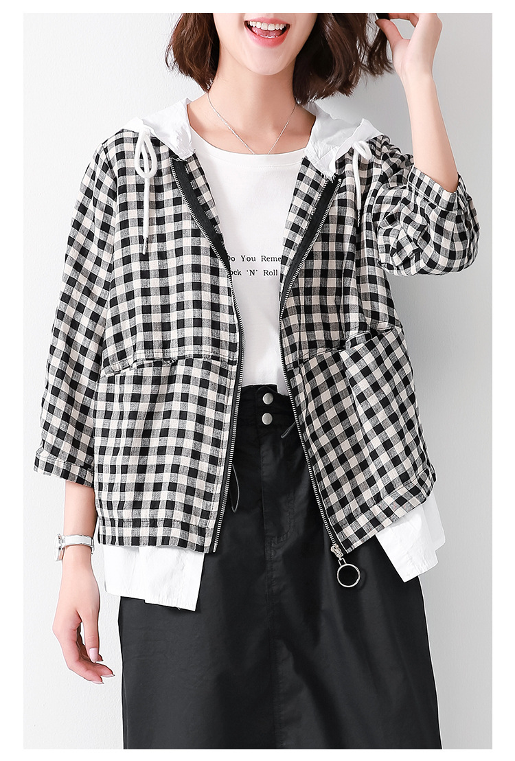 黑白格子女装外套假两件棉麻连帽上衣格纹春装2020新款宽松大码