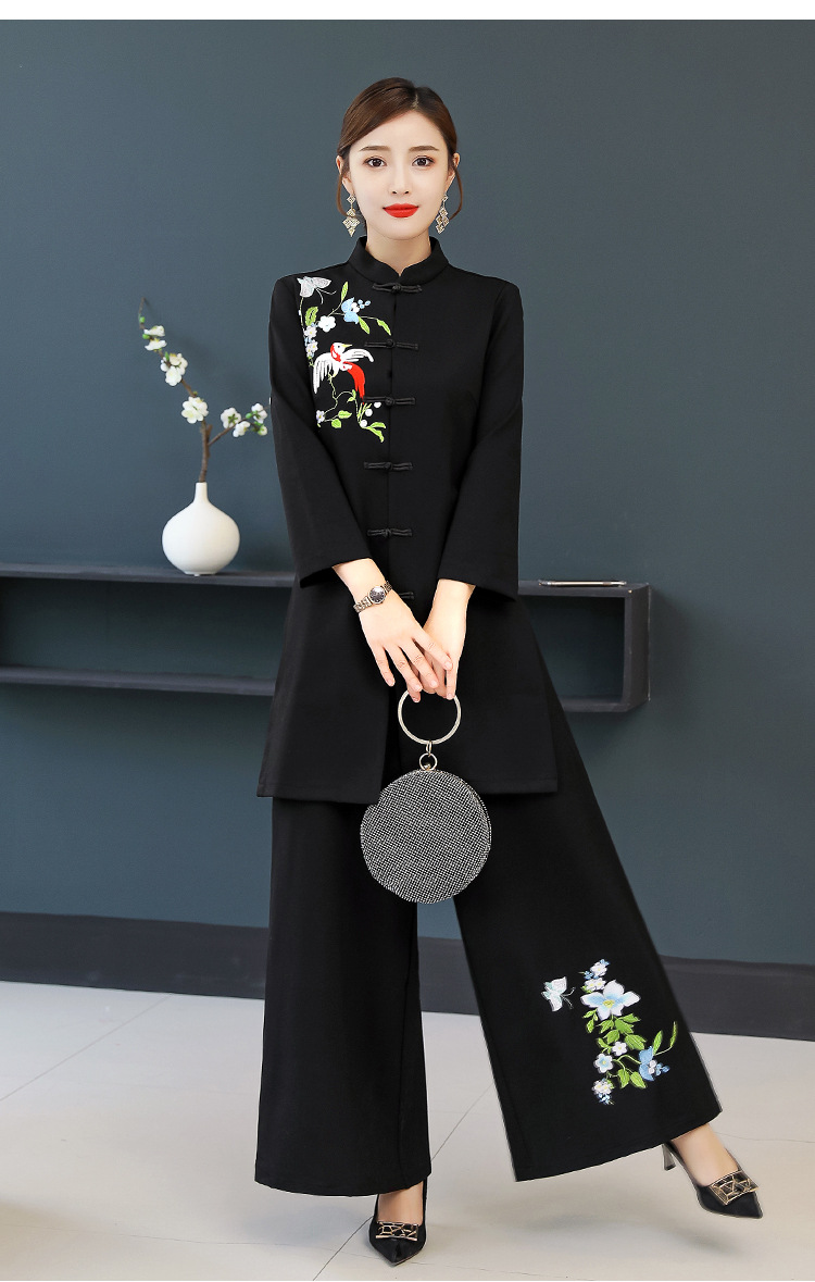 秋冬中式唐装休闲阔腿裤两件套改良刺绣旗袍茶服中国风套装女