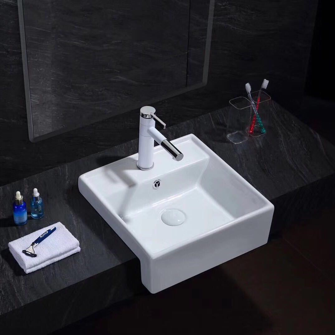 厂家直供半嵌入式面盆半挂盆半埋式洗手盆汉庭酒店半镶嵌盆洗手盆