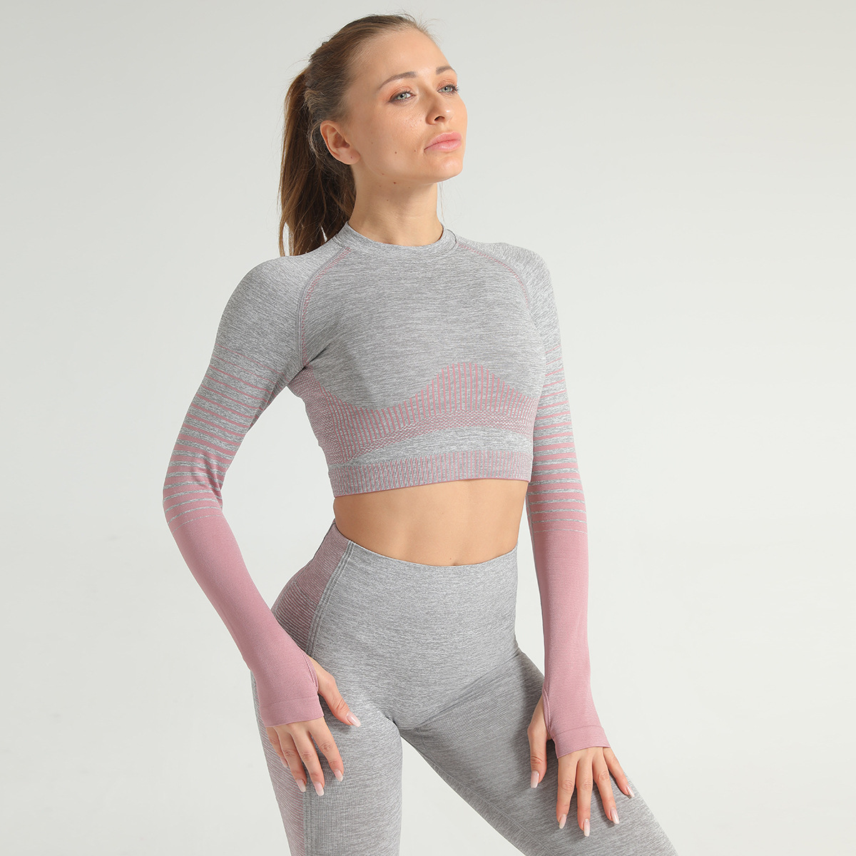 欧美跨境爆款渐变运动紧身上衣 速干训练跑步瑜伽露肚脐无缝长袖