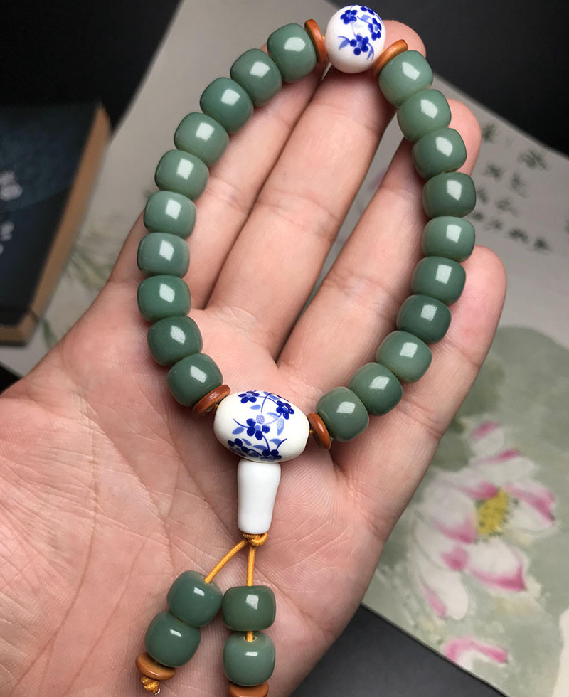 天然绿阴皮菩提根手串绿菩提子单圈手链白玉菩提根个性情侣文玩