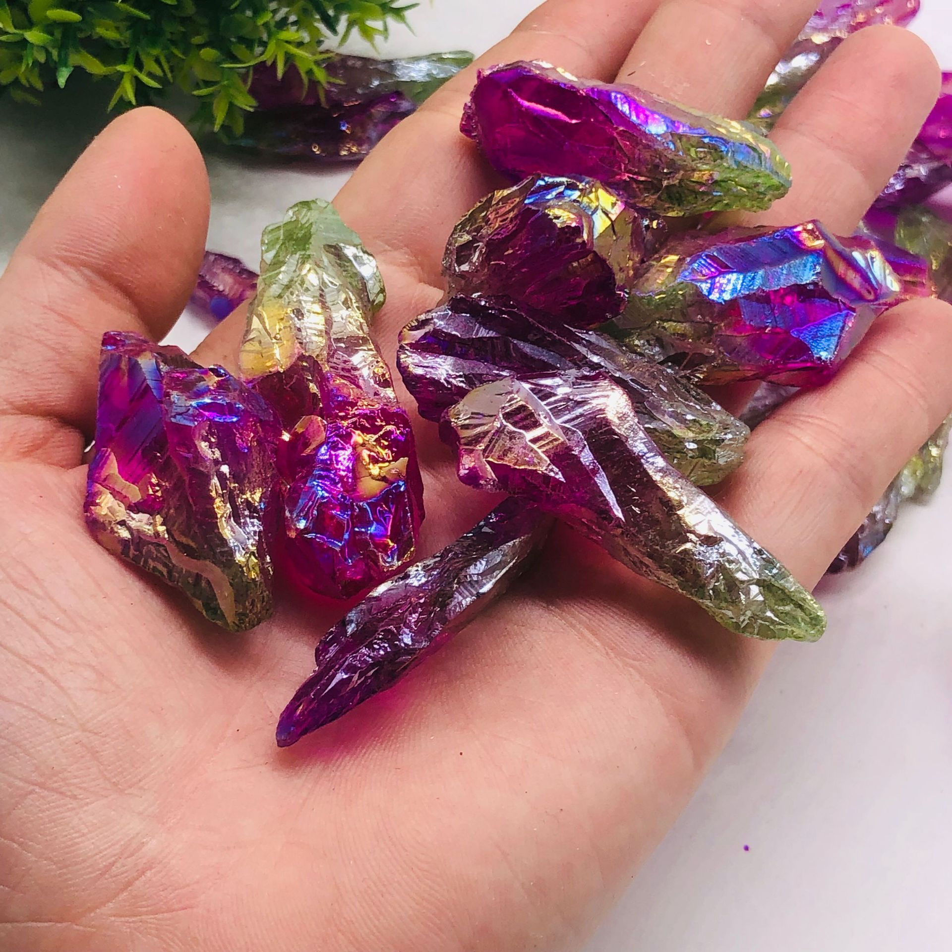 电镀天然白水晶柱水晶簇 紫蓝粉绿多色镀彩水晶柱晶摆件批发