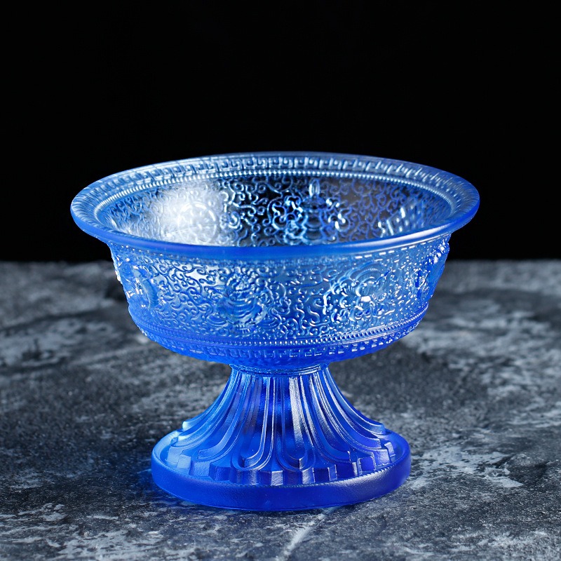 琉璃供杯八吉祥供碗七彩琉璃供杯真琉璃蓝色绿色彩色供佛佛具