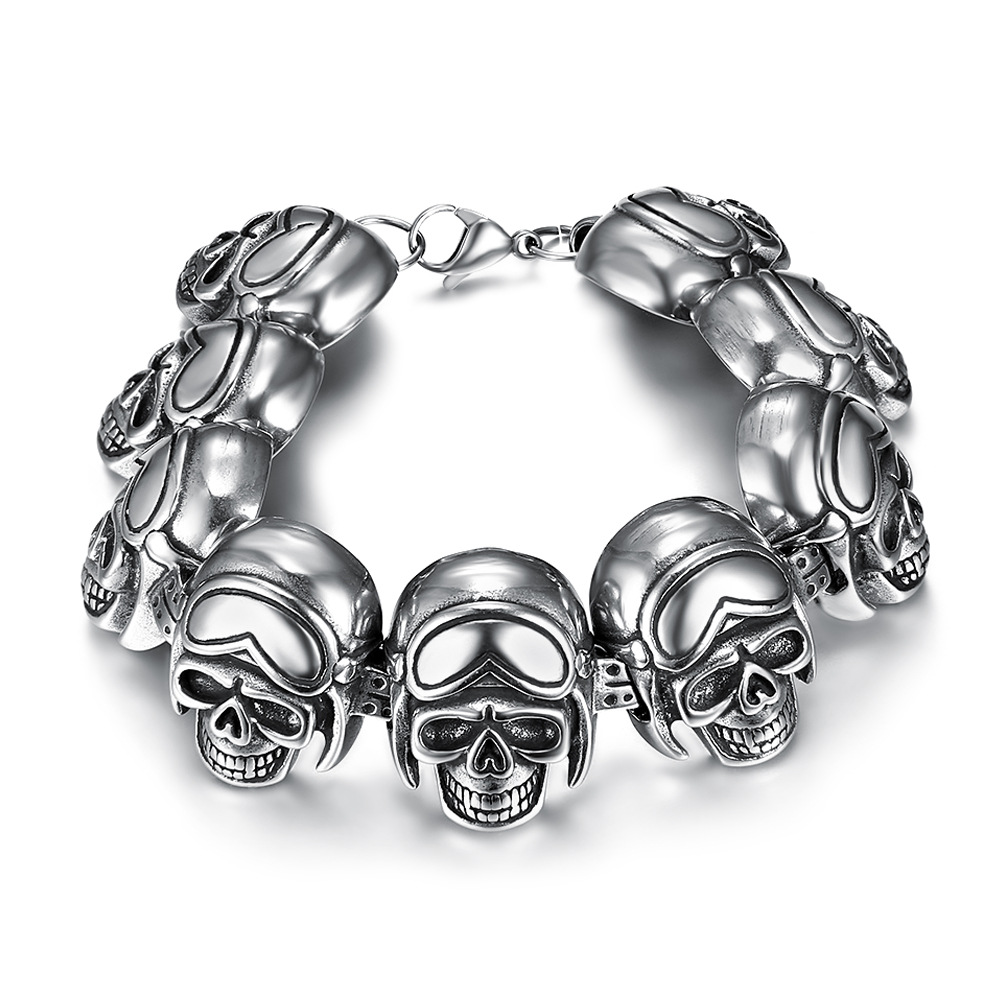 欧美热销 复古色骷髅头手链 不锈钢男士个性飞行员手链 一件代发