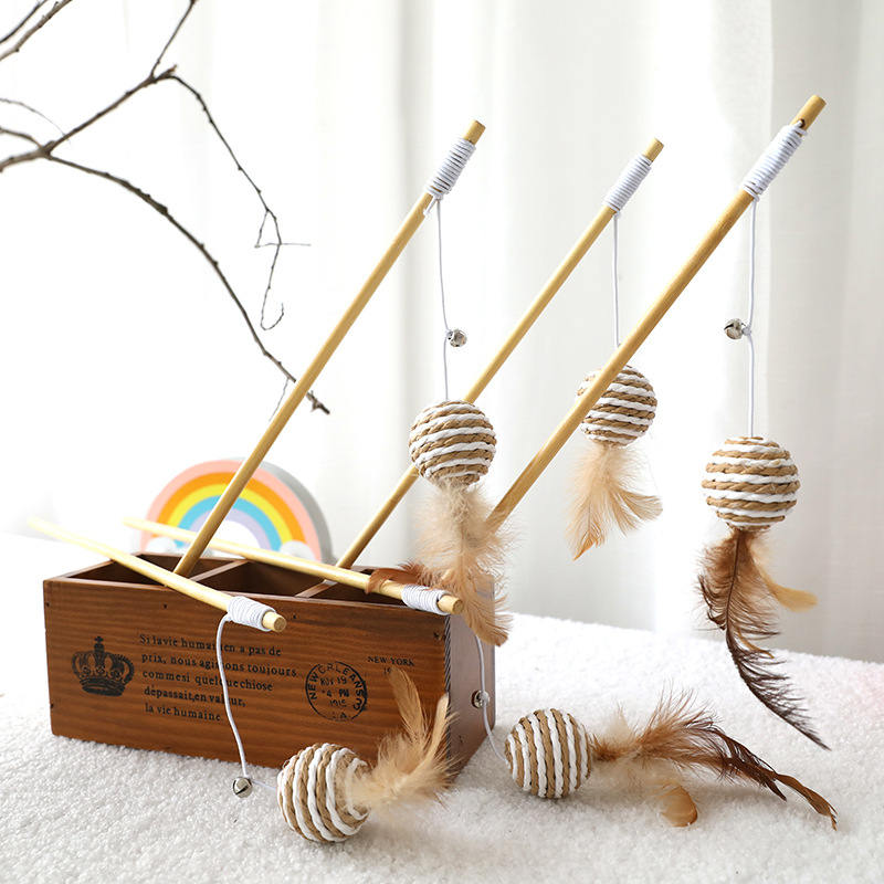 Cat Cat Teaser Feather Bell Mouse Relieving Stuffy Interactive Self-Hi Wooden Cat Playing Rod Wholesale Pet Supplies Toys