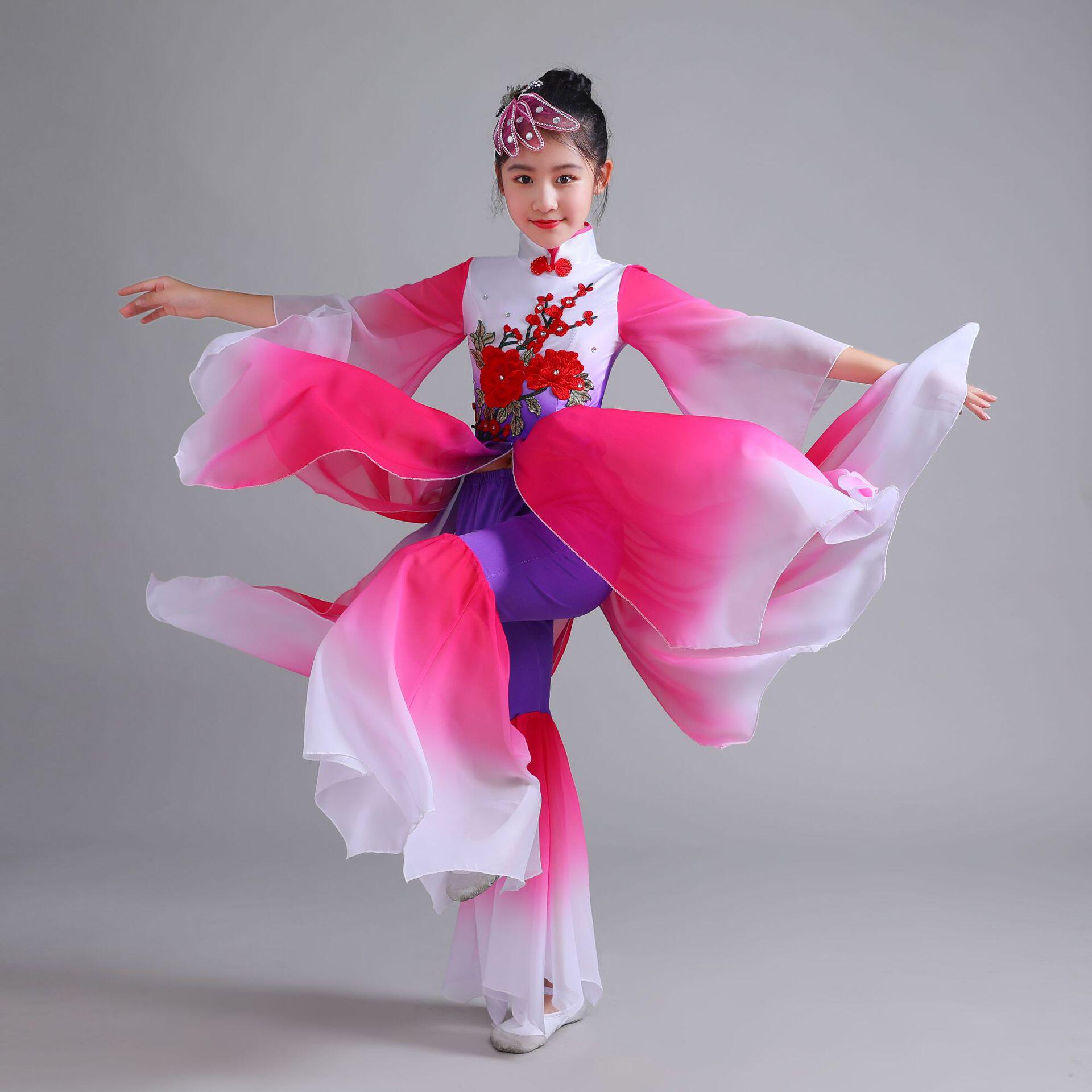 新款儿童古典舞演出服独舞女孩秧歌服喇叭袖伞舞扇舞爱莲说舞蹈服