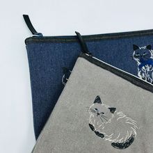 出口日本帆布新款刺绣猫咪君三折大号钱包证件收纳包袋手拿包