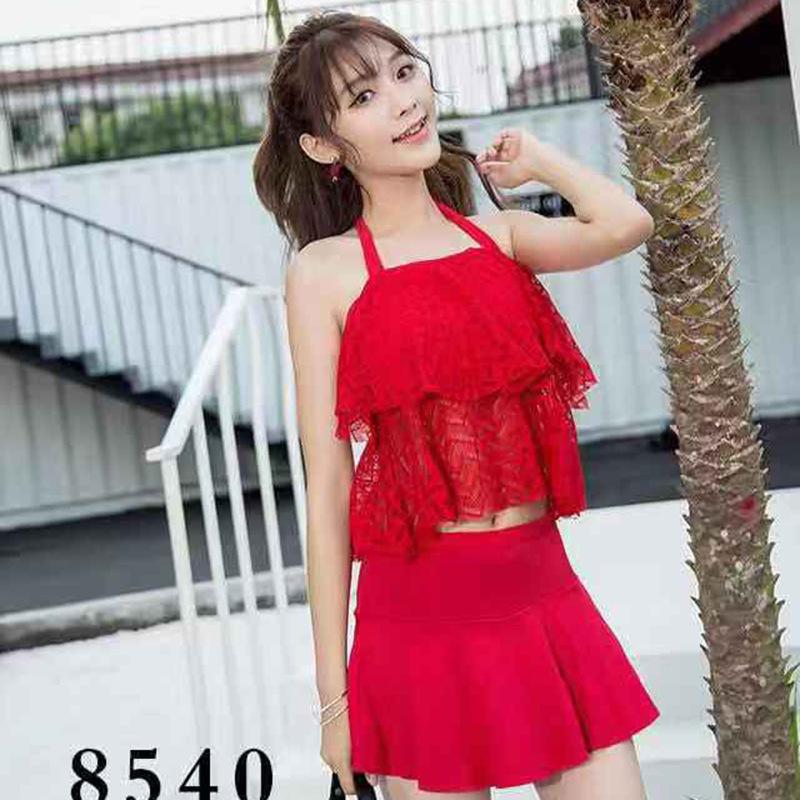 新款时尚甜美蕾丝吊带群挂脖分体游泳衣韩版纯色露脐泳装女士泳衣