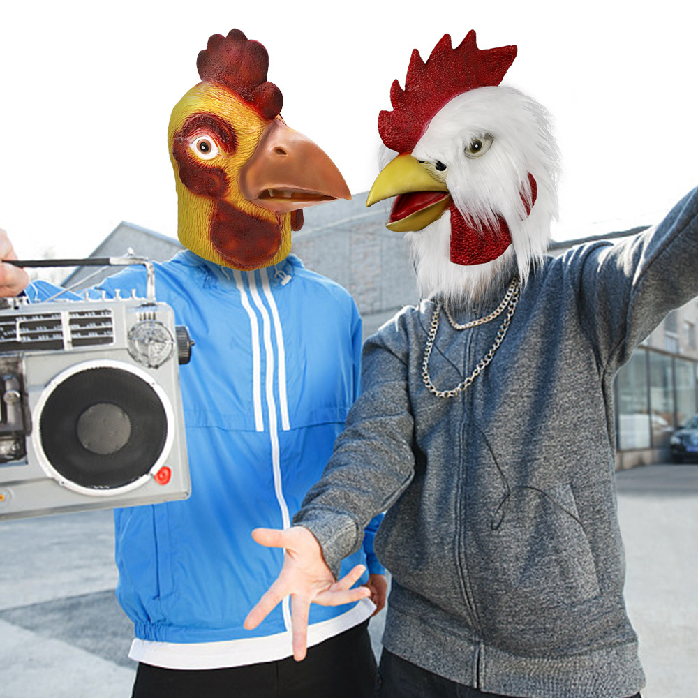 新款鸡头万圣节跨境乳胶面具头套白毛公鸡 生肖鸡动物面具头套