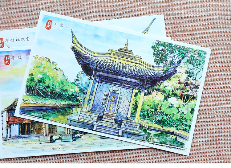 手绘明信片 老绍兴醉江南 旅游风景原创水彩手绘纪念卡片12张入