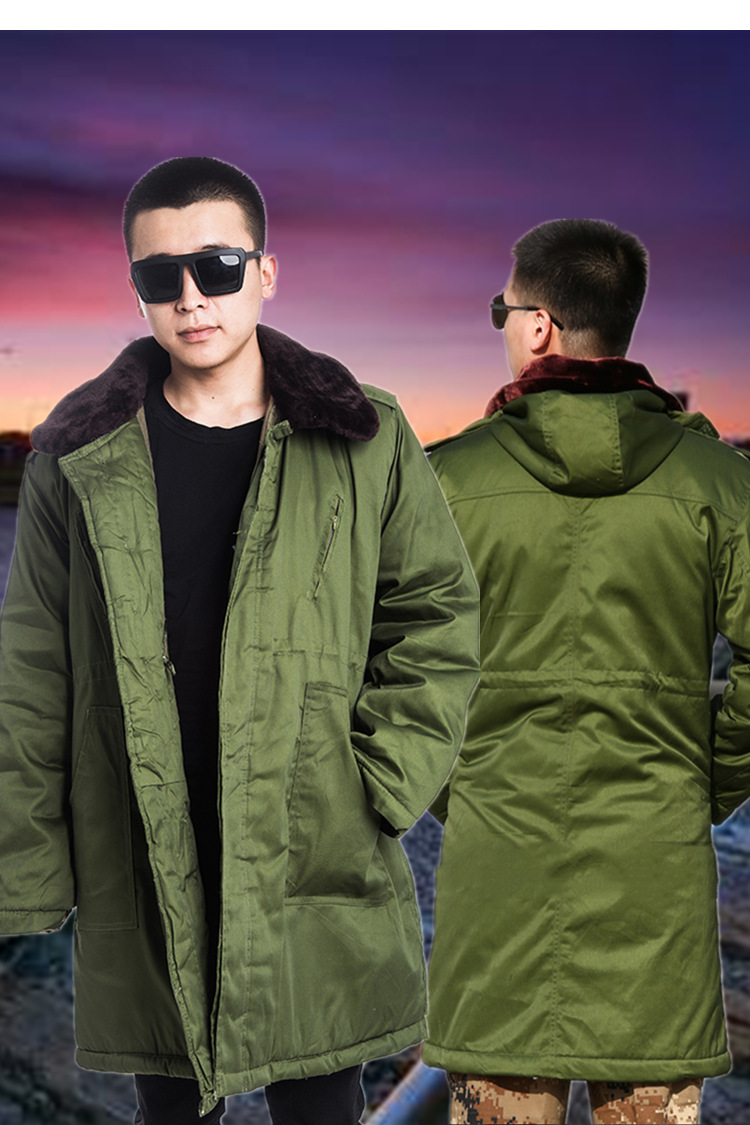 配发87士兵棉大衣中长军大衣带护膝陆空草绿防寒棉服骑车防寒服