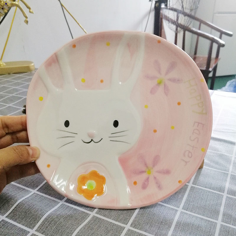 Pure Hand Drawing 4-Piece Rabbit Bowl Creative Ins Unicorn Cartoon Animal Ceramic Tableware Children Eating Bowl Set