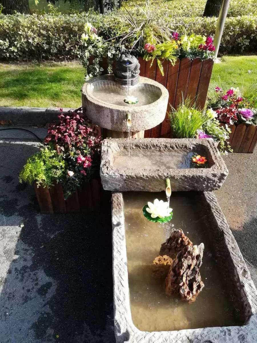 石雕老石磨石槽流水摆件 旧石器庭院景观组合老石槽流水摆件