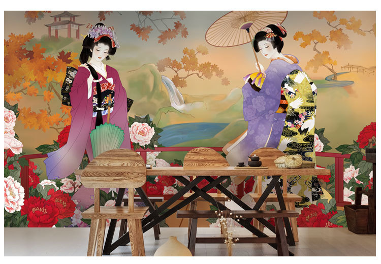 3d仕女图壁画日式料理店餐厅日本寿司居酒屋壁纸ktv酒店背景墙纸