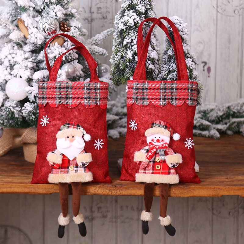 New Christmas Decoration Supplies Christmas Linen Gift Bag Candy Bag Santa Doll Checked Cloth Handbag