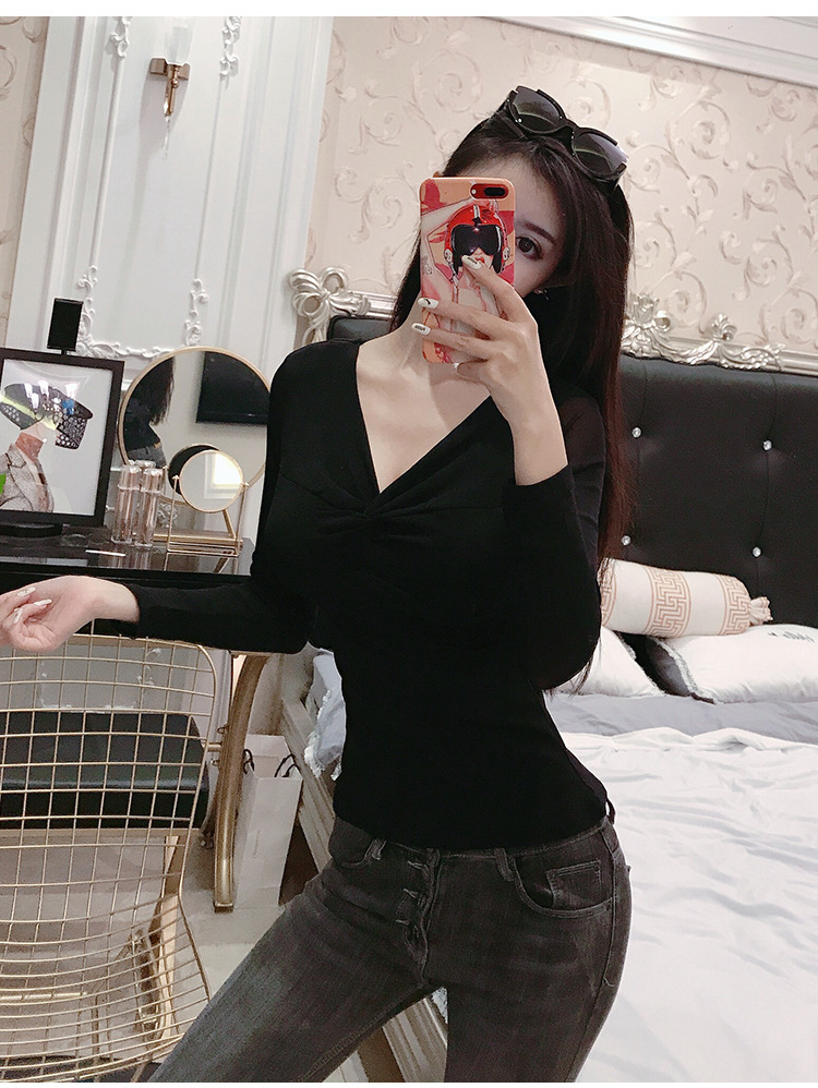 外贸爆品2019春秋季新款性感透视网纱打底衫女长袖深v低胸修身t