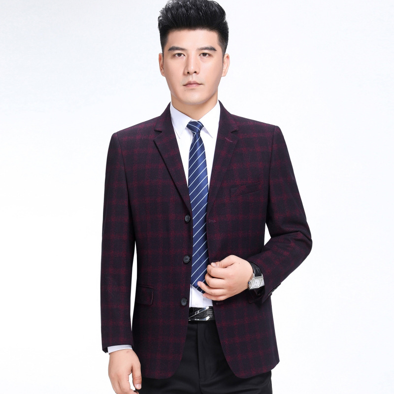 秋冬款中年男士休闲西服外套爸爸装商务单件便西小西装男格子上衣