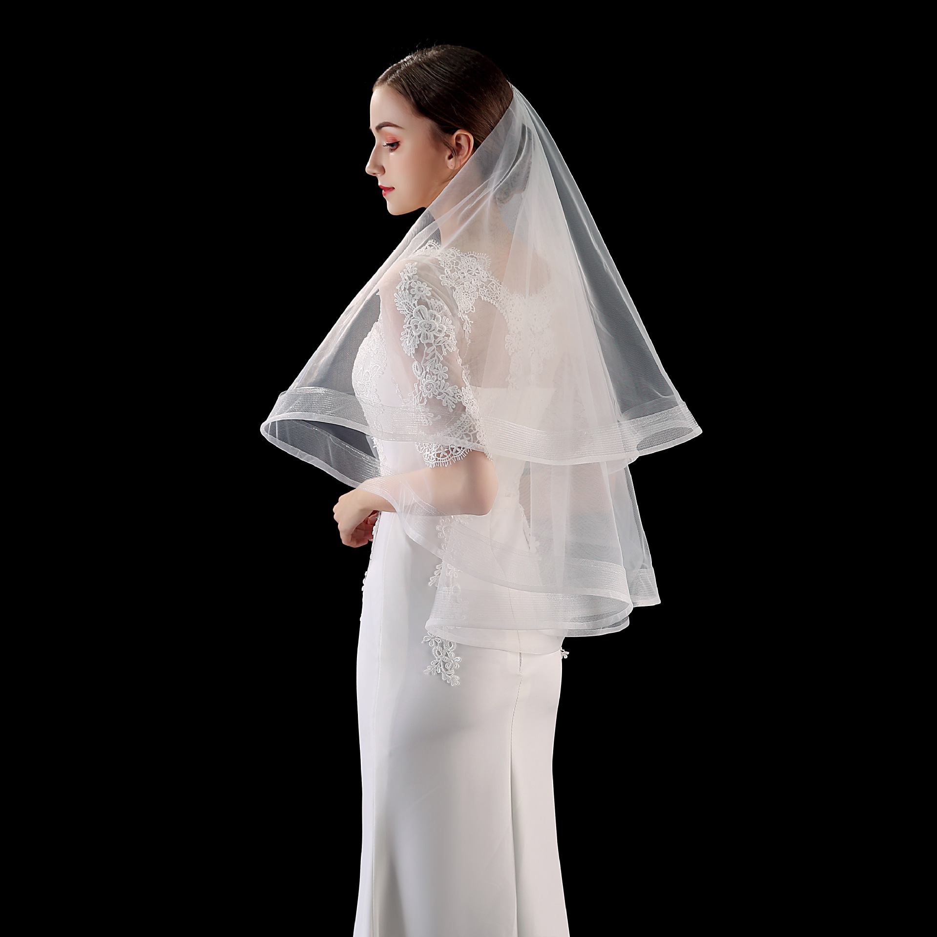 短款单层新娘头纱 婚纱配件简约弹力网镶边纯白米白两色厂家直销