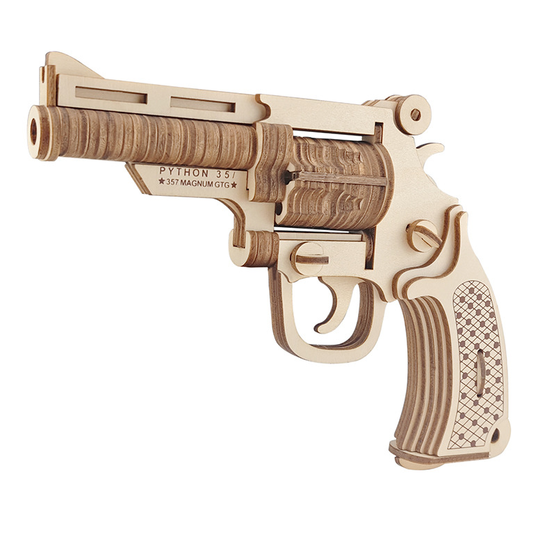 左轮手枪木制拼图玩具 激光雕刻工艺 木质仿真3d儿童diy动脑益智