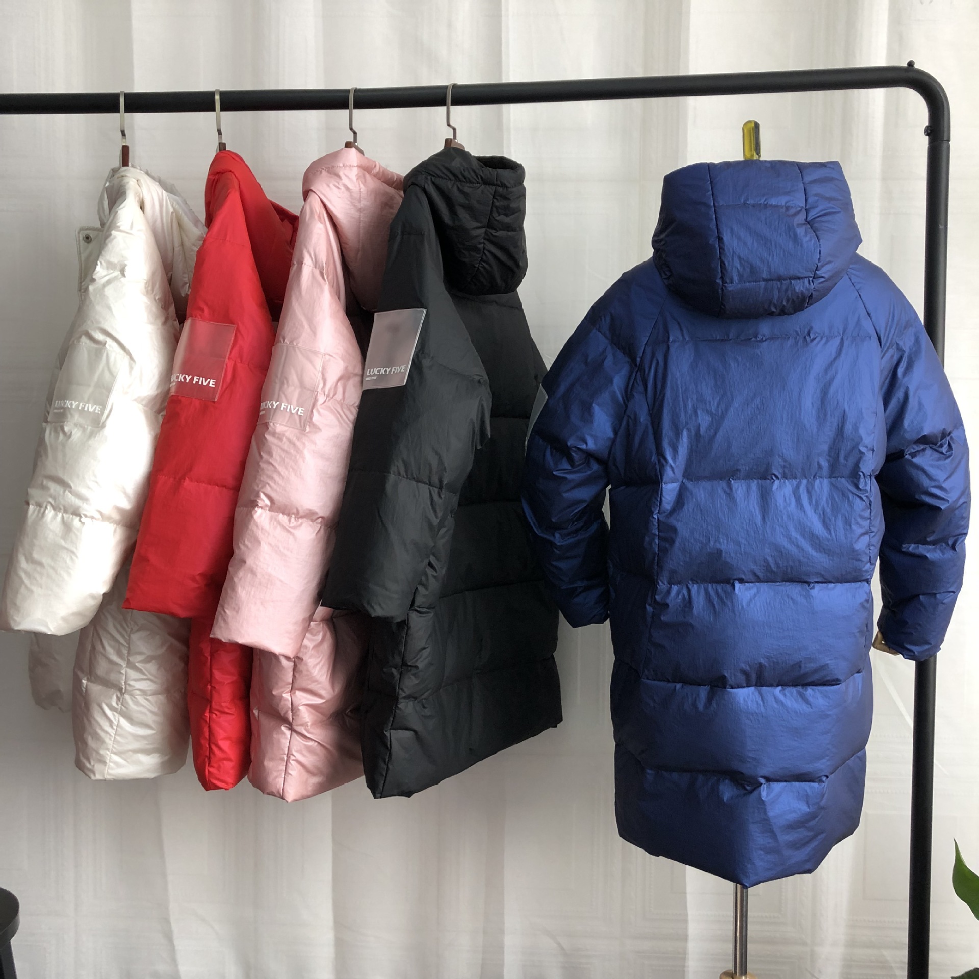 现货2019冬季羽绒服女中长新款加厚白鸭绒韩版贴标lucky five亮面