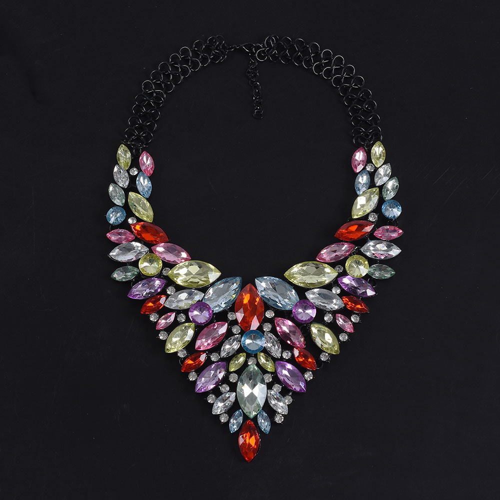 跨境欧美夸张大牌彩色宝石链高端奢华镶宝石项链气质百搭锁骨链