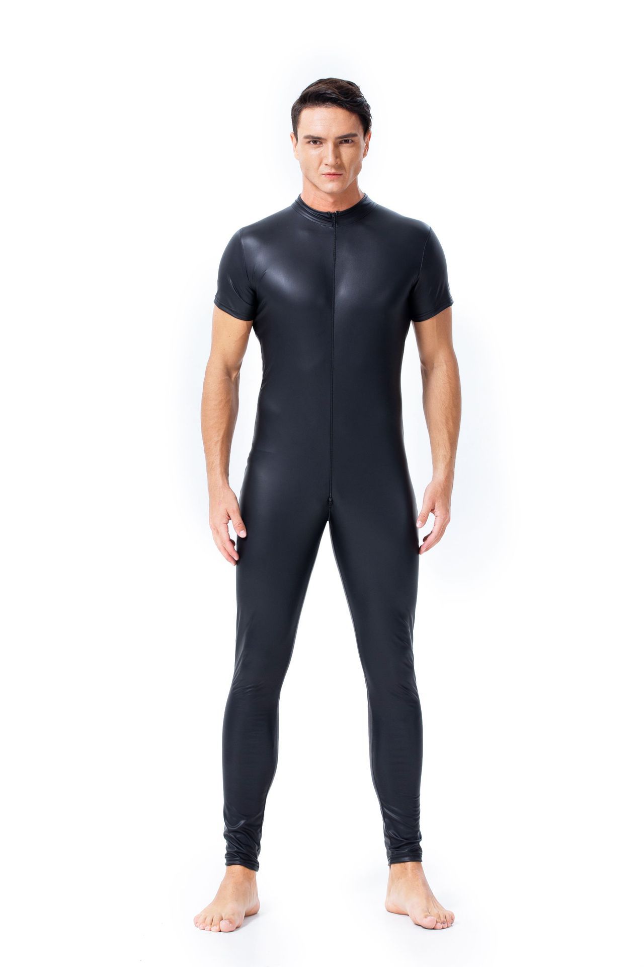 欧美性感男士开裆夜店舞台ds演出服仿皮装漆皮紧身连体衣双拉链头