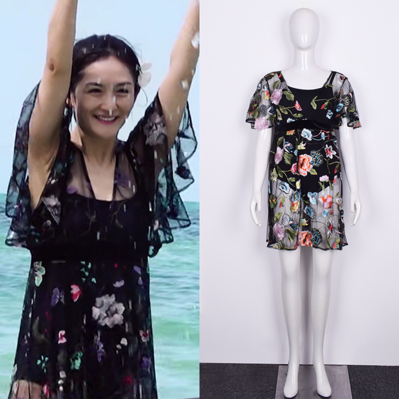 妻子的浪漫旅行3谢娜同款衣服黑色花朵泳衣蕾丝衫度假防晒衣女潮