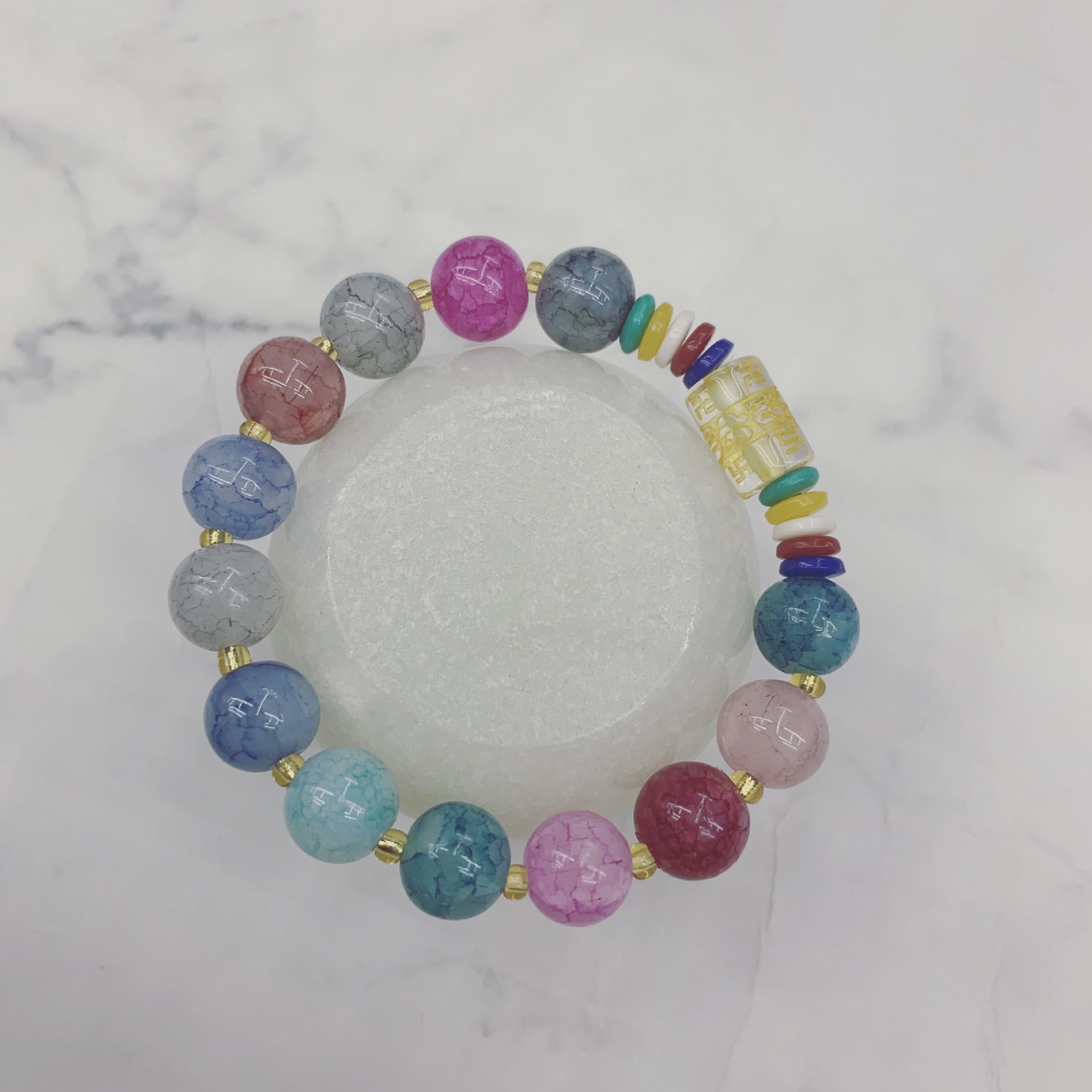 亚马逊热卖天然七彩玉石手链女 六字真言手串男女情侣小礼物批发