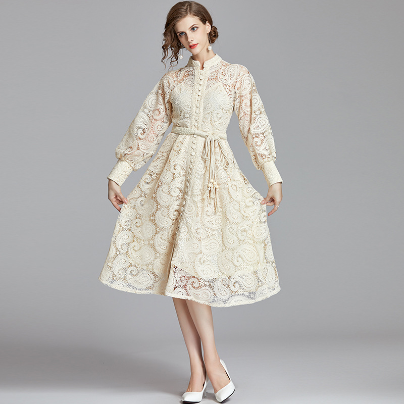 重工法国小众宫廷复古灯笼袖精致水溶蕾丝长款连衣裙(配送腰带)