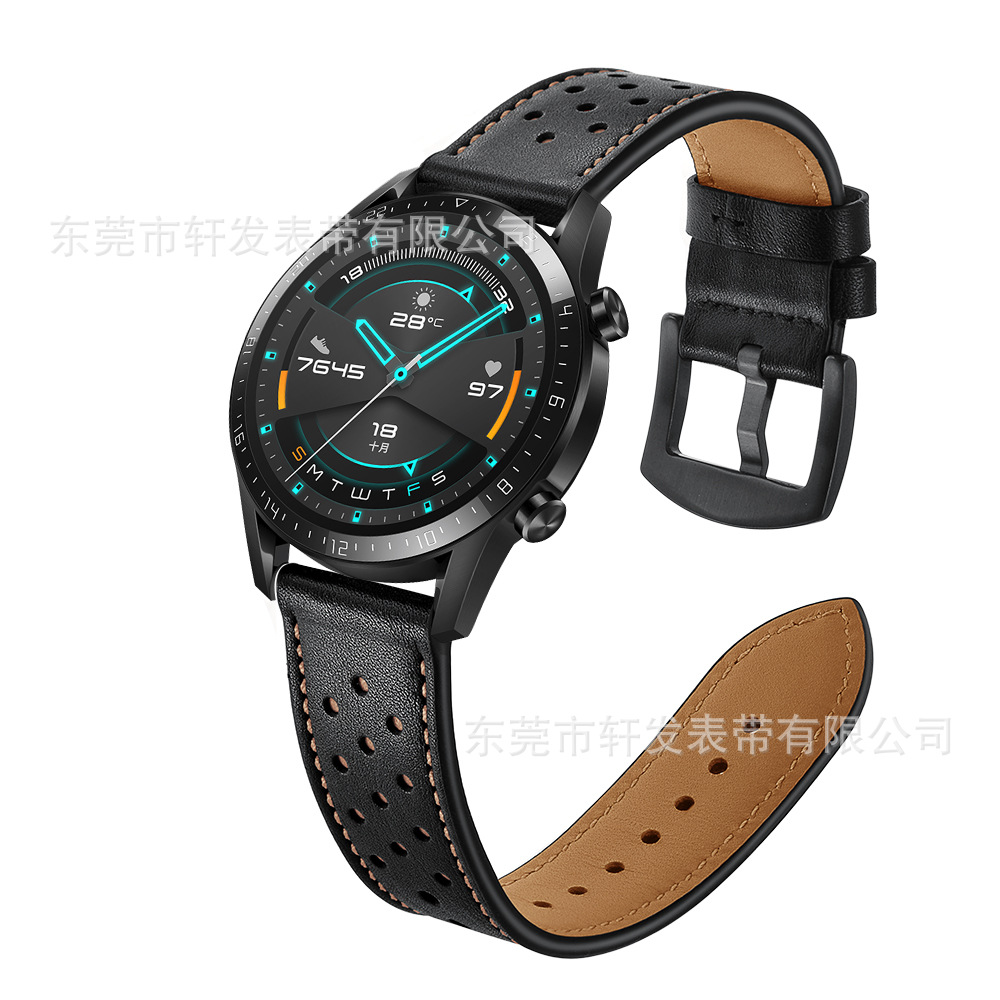 适用华为手表watch gt2智能手表表带头层真皮手表带洞洞款42/46mm