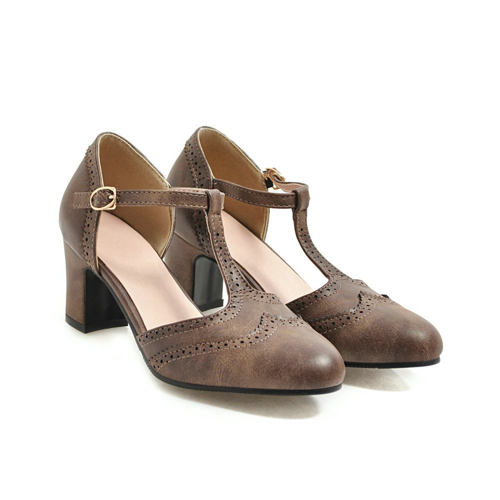 布洛克女鞋女粗跟百搭中跟高跟鞋浅口鞋女外贸新款小皮鞋凉鞋女