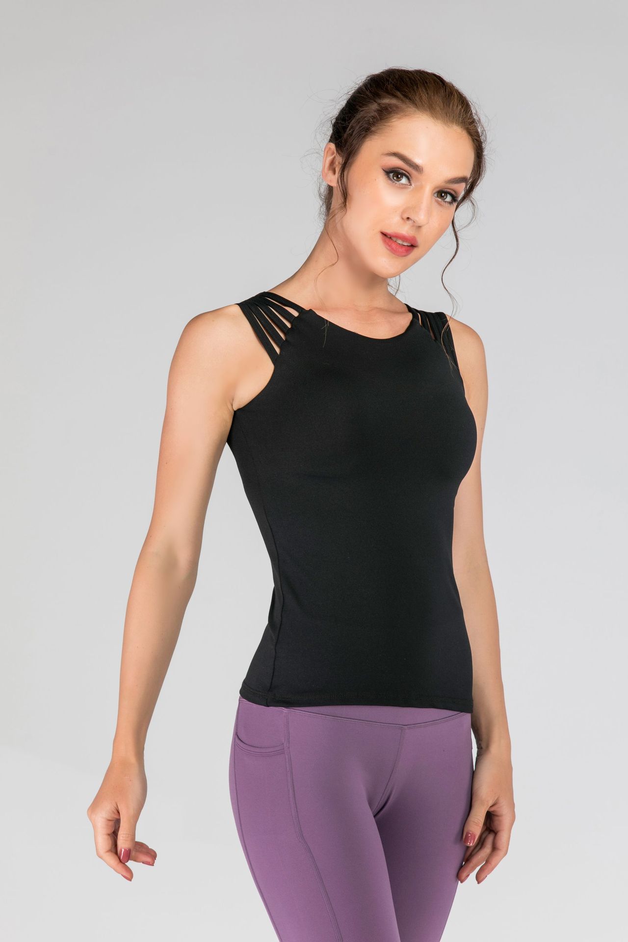 韩版瑜伽背心女多肩带性感运动上衣跑步健身舞蹈带胸垫锦纶背心潮